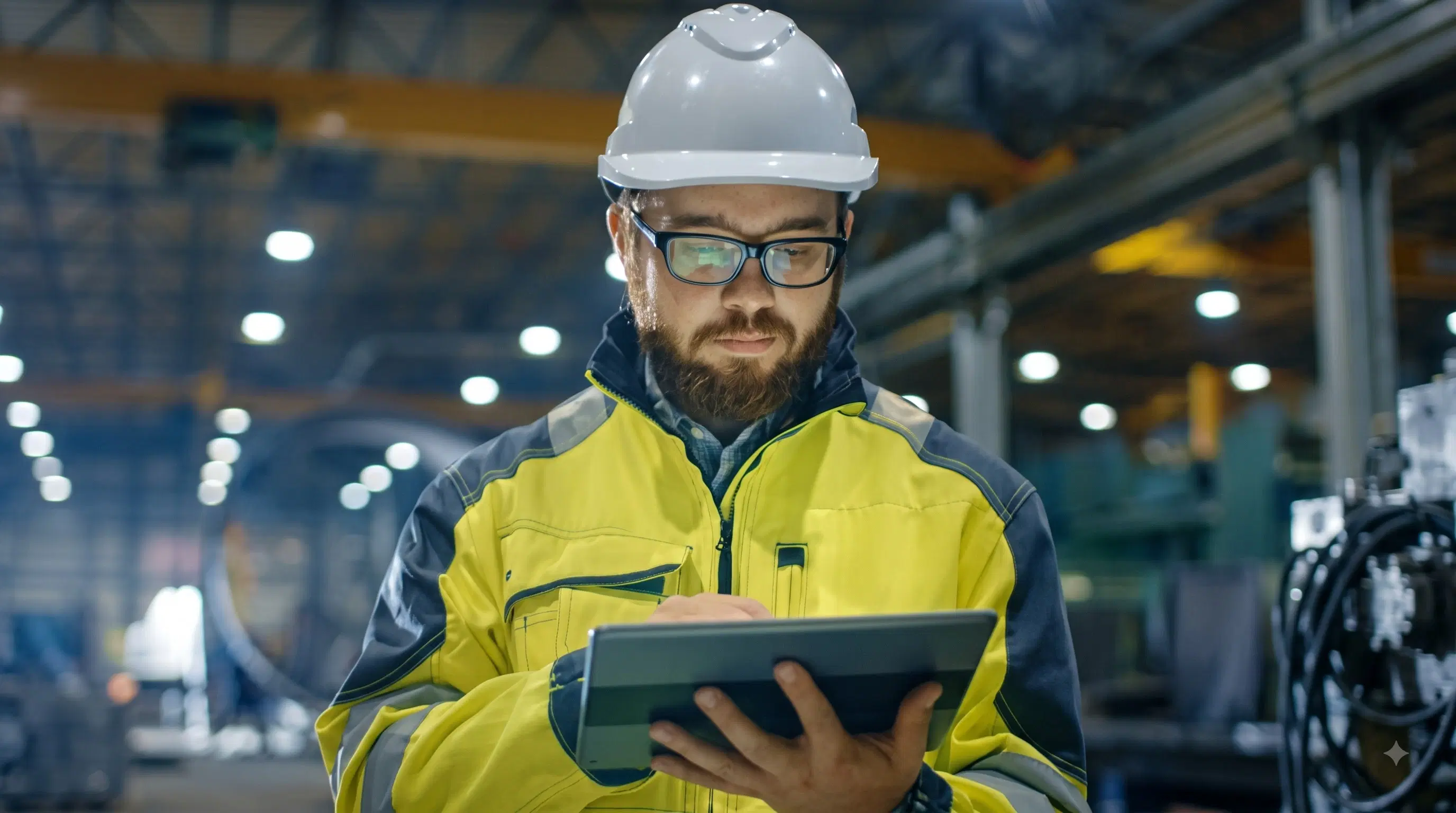 Industrial worker with tablet on AI platform
