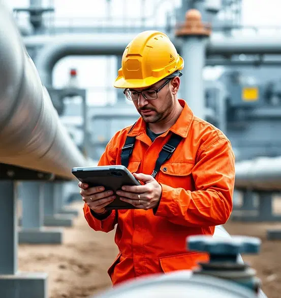 Frontline worker using tablet at industrial site